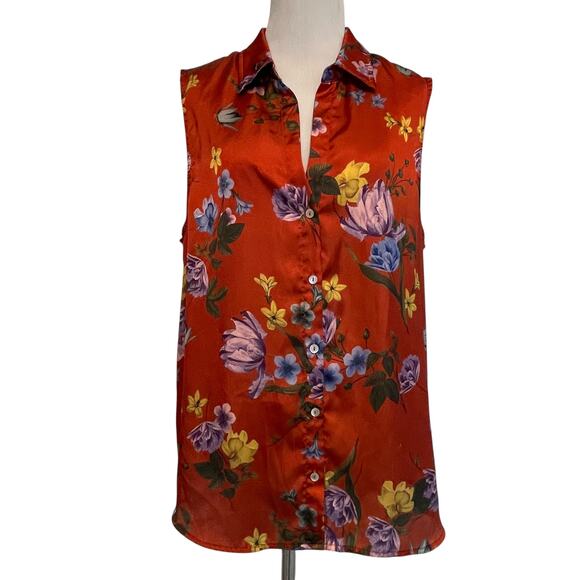 ELIE Tahari Satin Button Top Womens XL Rust Tropical Floral Sleeveless Shell - Picture 1 of 7